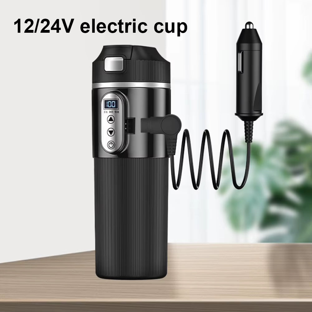12V/24V Car Heating Cup Smart Temperature Sensor Electric Kettle Stainless Steel Thermos Cup Travel Car Coffee Mug Warmer Bottle