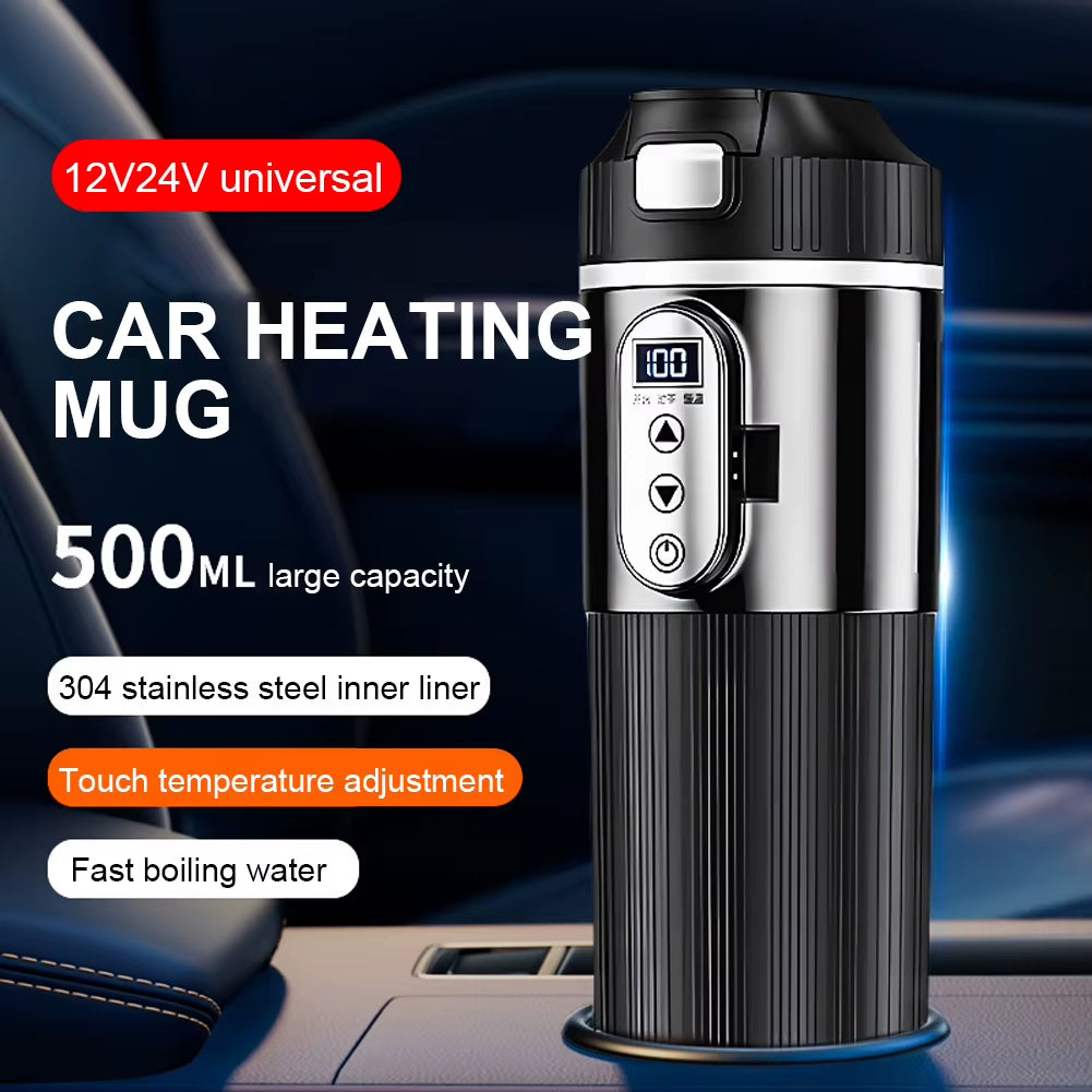 12V/24V Stainless Steel Thermos Cup Car Heating Cup 500ML Smart Temperature Sensor Coffee Milk Heated Kettle Water Warmer Bottle