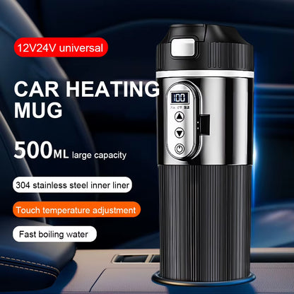 12V/24V Stainless Steel Thermos Cup Car Heating Cup 500ML Smart Temperature Sensor Coffee Milk Heated Kettle Water Warmer Bottle